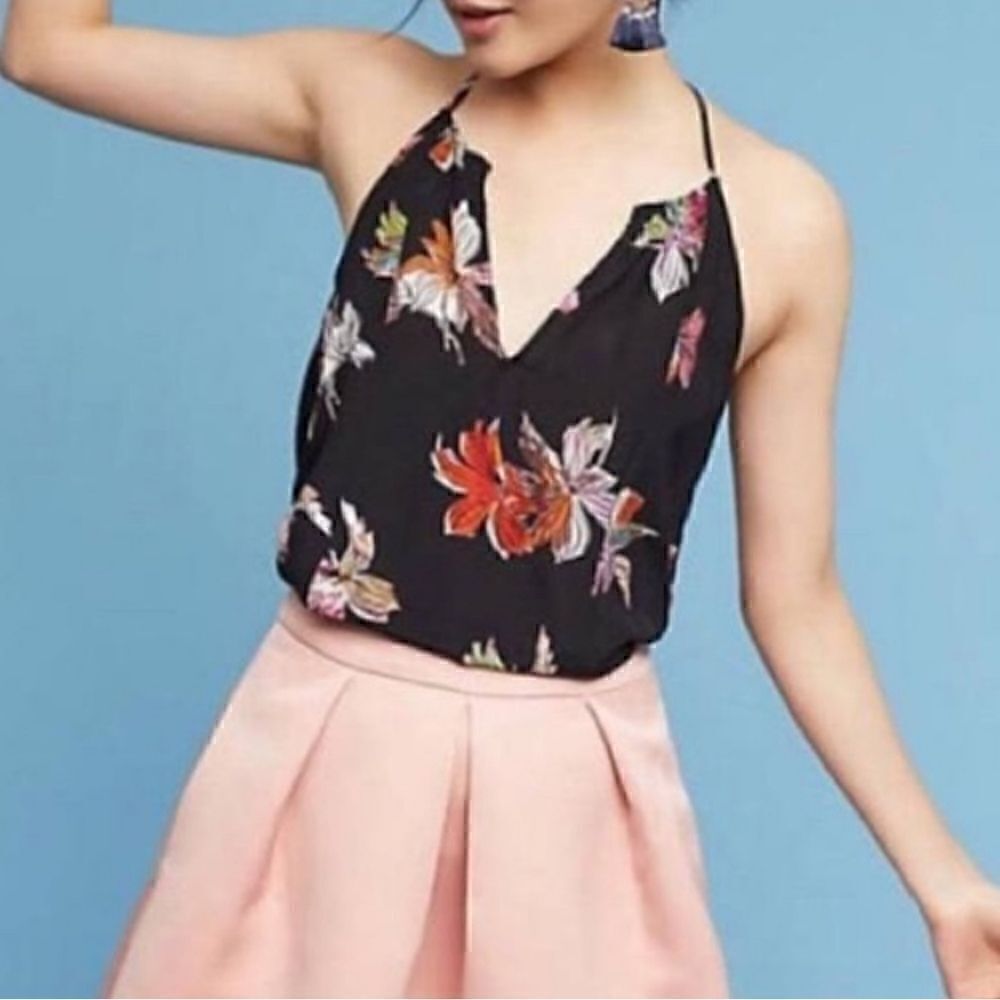 Anthropologie Maeve Silk Black Floral Camisole Lace Panel Racer Back Tank 10